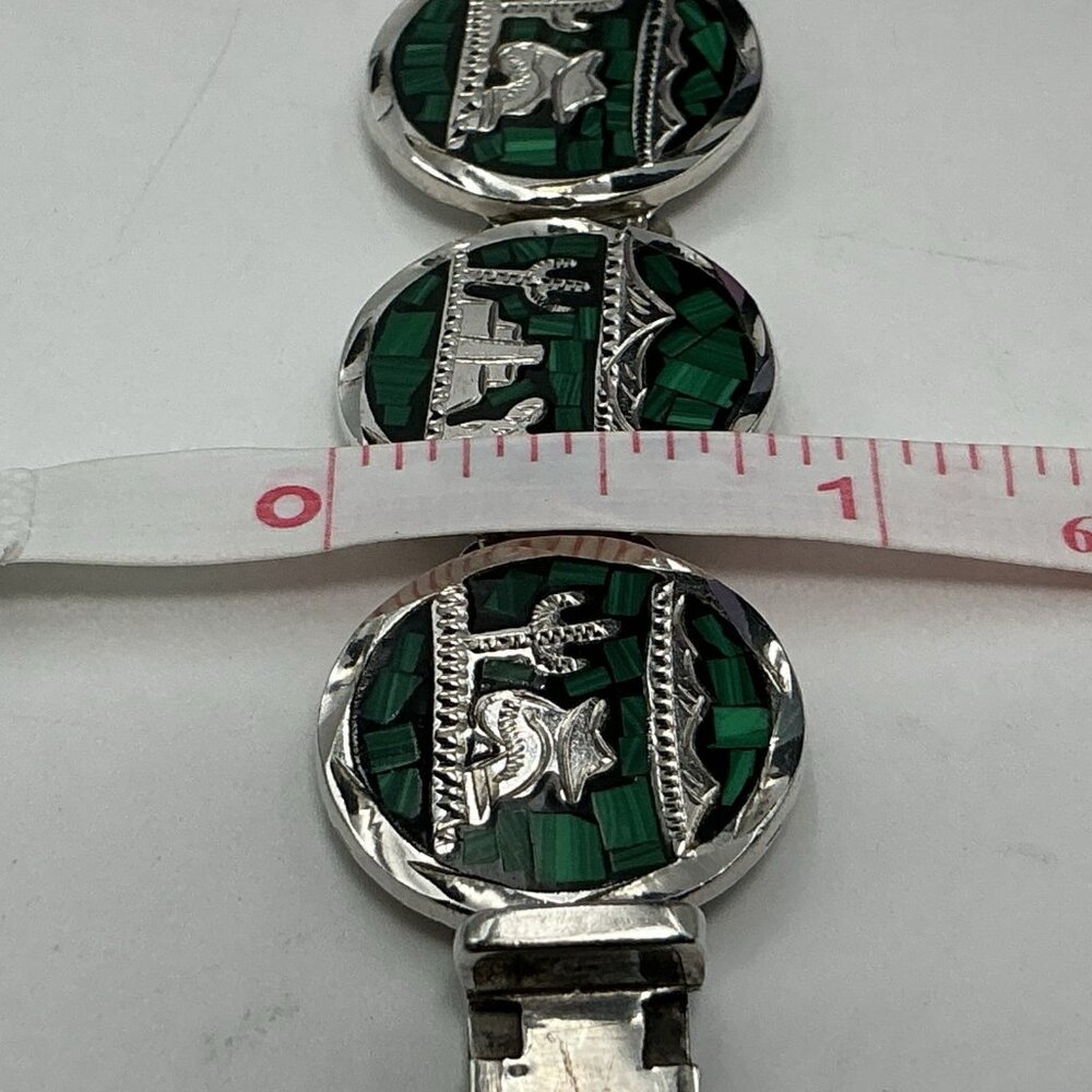 Sterling Silver Crushed Malachite Round Disc Bracelet Taxco Mexico 50.6 Grams 7” - Picture 8 of 12